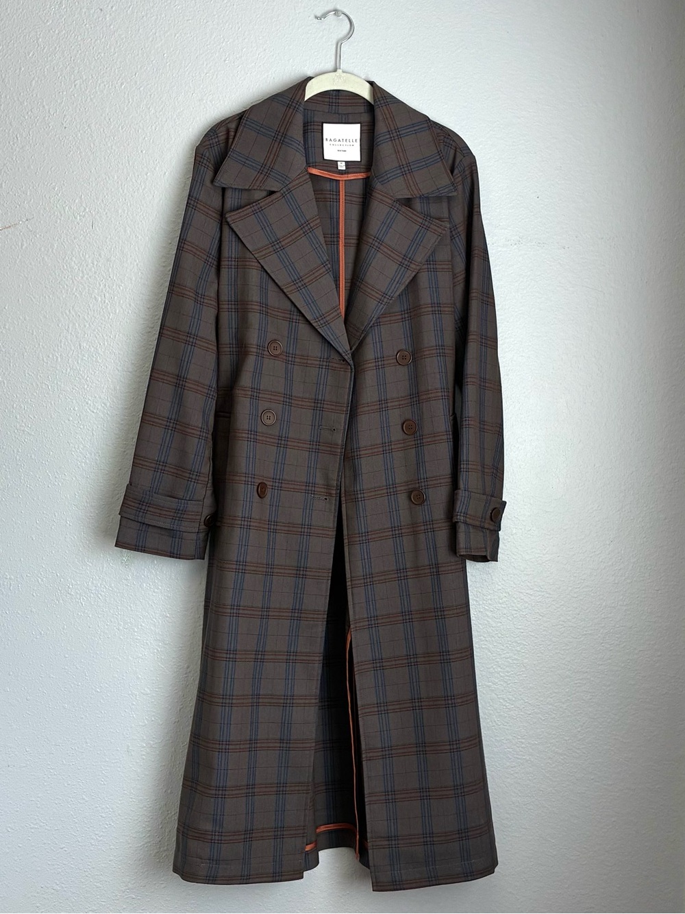 Bagatelle Collection Brown & Navy Plaid Double Breasted Trench Coat